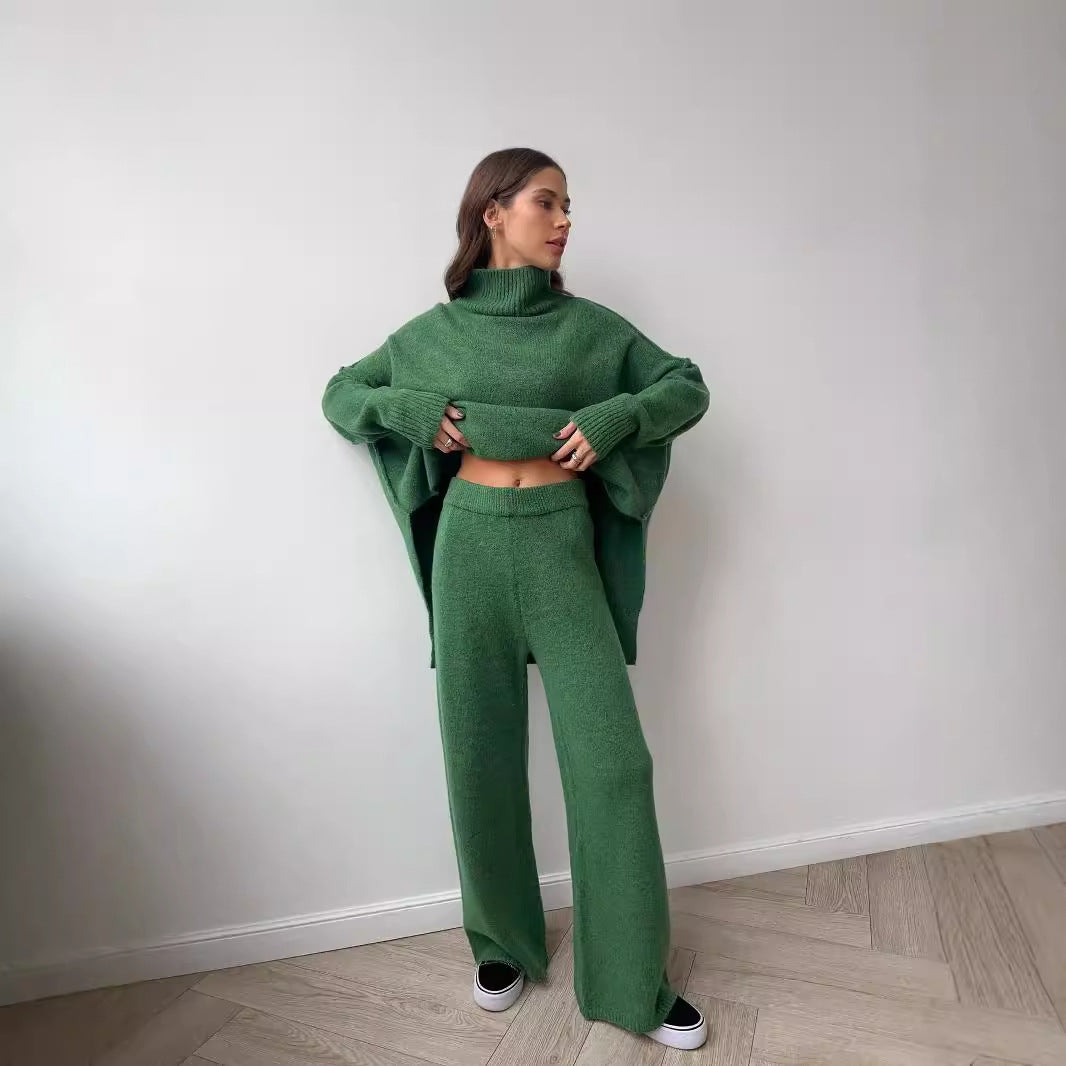 High Neck Slit Wool Sweater Set Women's Loose Casual Lazy Knitted Long Pants Two-Piece Set