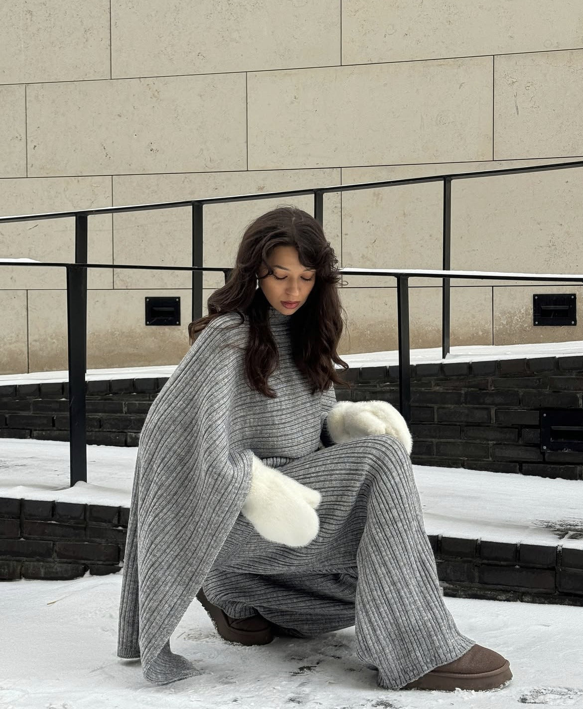 Solid Color Round Neck Cable Knit Sweater Set Women's Loose Knit Sweater Wide Leg Pants Scarf Three-Piece Set