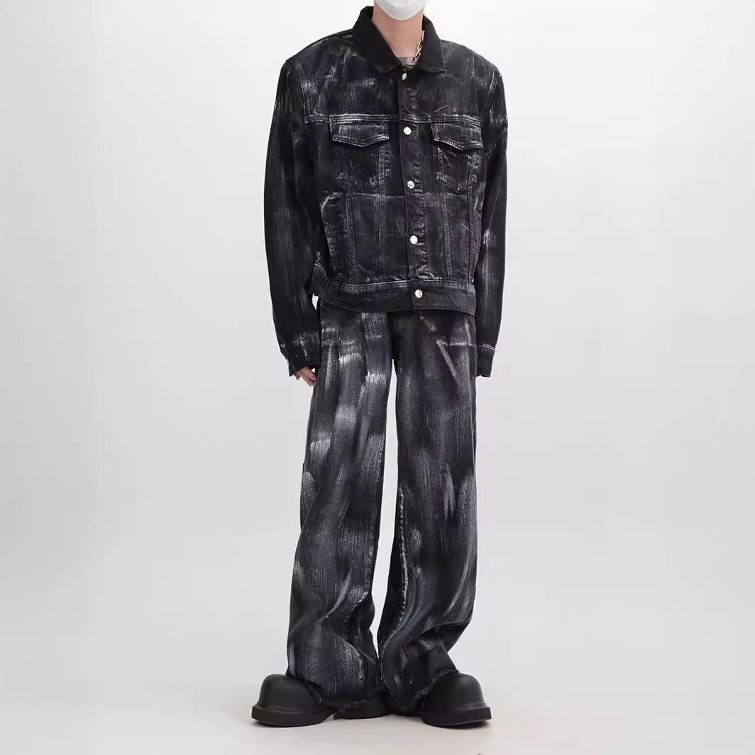 Unique Washed Vintage Denim Splatter Ink Suit Design Loose Jacket Top for Men and Women