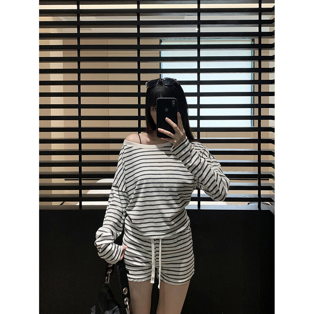 Sweet and Spicy Style Striped Set Loose Off-the-Shoulder T-Shirt + Casual Shorts