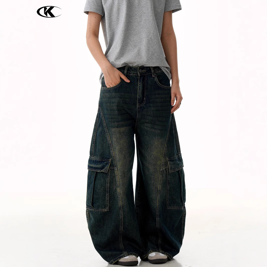Blue Workwear Tapered Jeans for Men and Women with Multiple Pockets Loose Washed Banana Wide-Leg Long Pants
