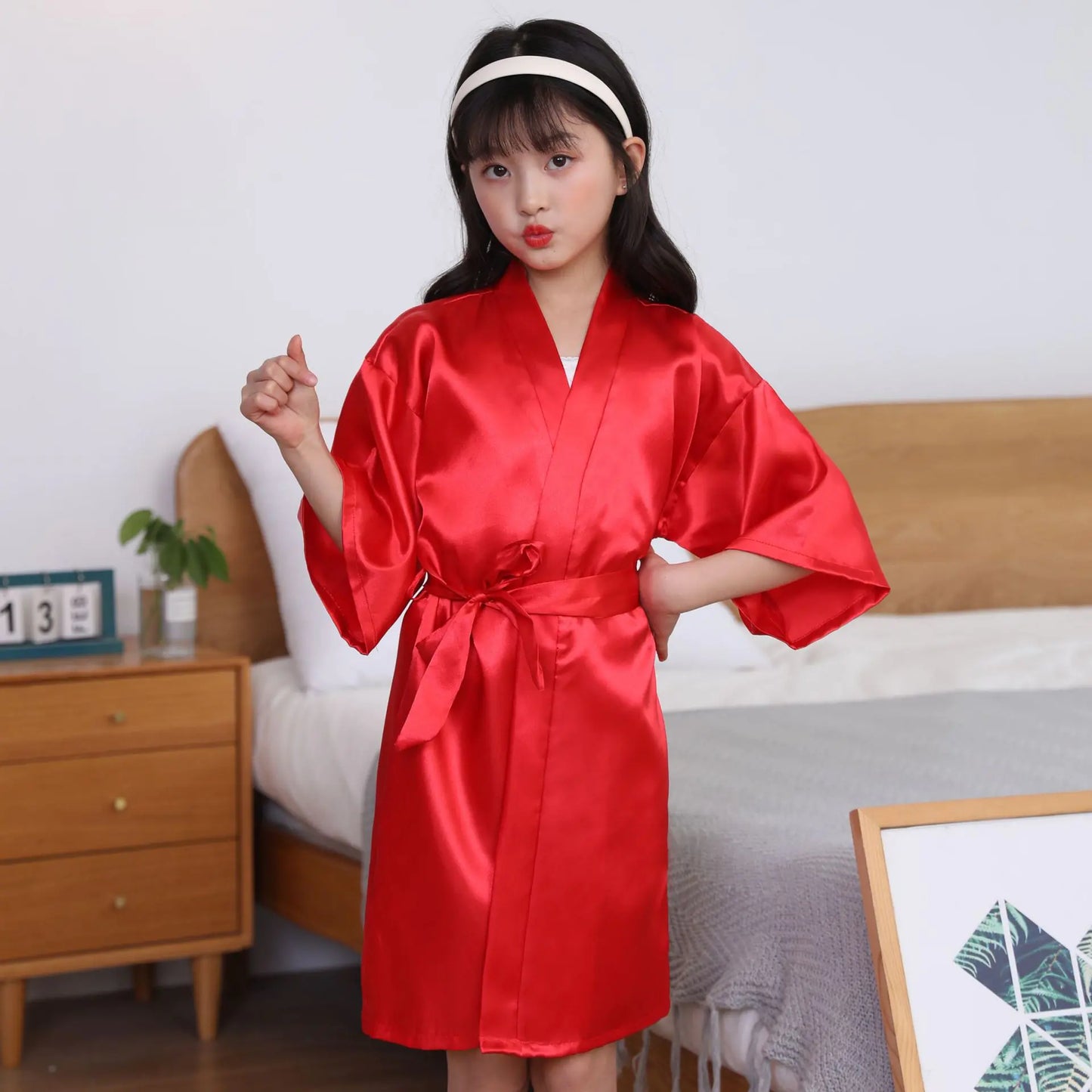 Children's Solid Color Silk Satin Bathrobe Kimono