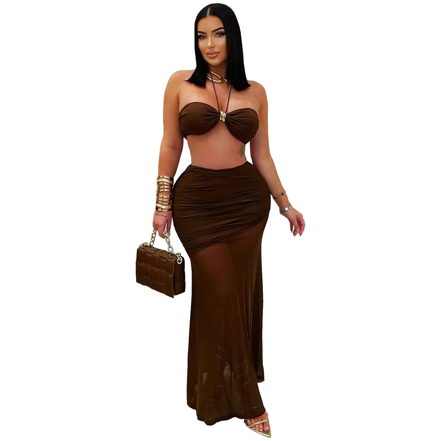 Style Women's Sexy Strapless Pleated Mesh Long Skirt