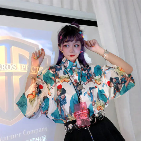 Retro Cartoon Print Loose Short Sleeve Shirt