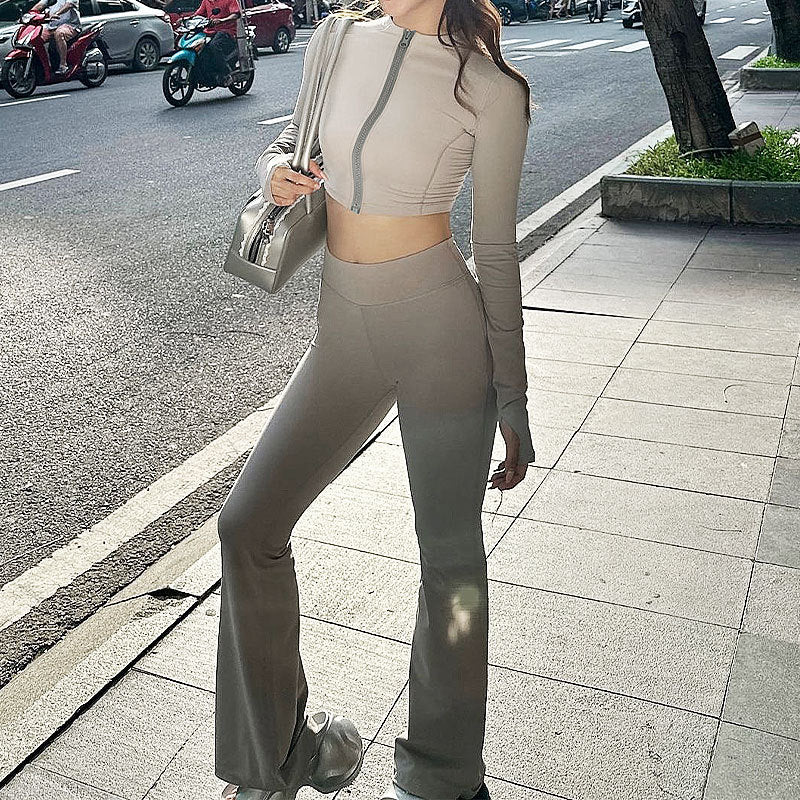Zipper small stand up collar crop top slim fit pants set for women