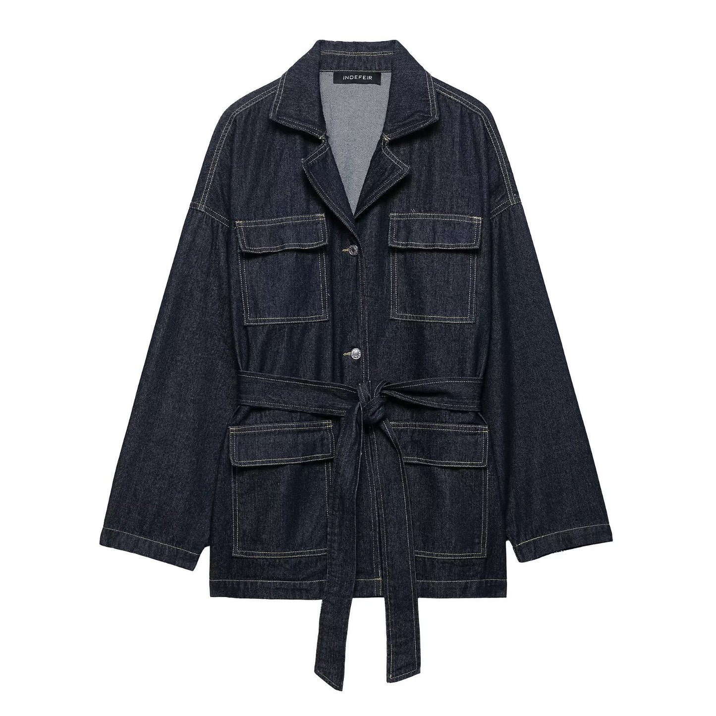 Women's Fashion Waist Belted Waistband Turn-down Collar Denim Jacket