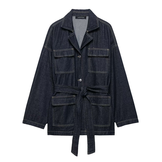 Women's Fashion Waist Belted Waistband Turn-down Collar Denim Jacket