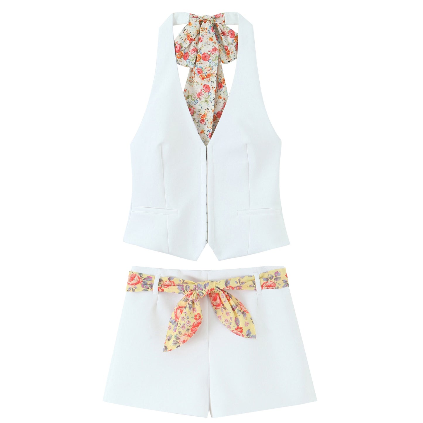 Women's Clothing Printed Thin Scarf Decorative Neck Hanging Top High Waist Short Pants Set