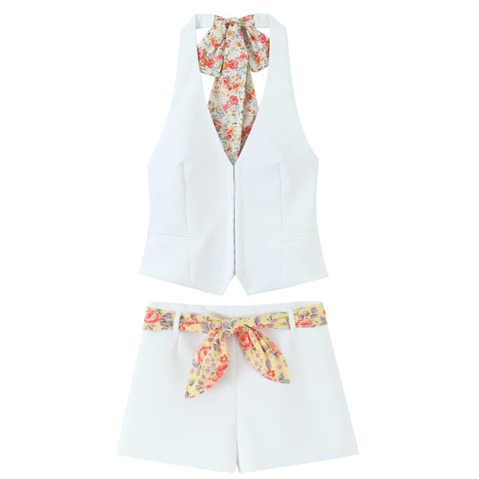 Women's Clothing Printed Thin Scarf Decorative Neck Hanging Top High Waist Short Pants Set