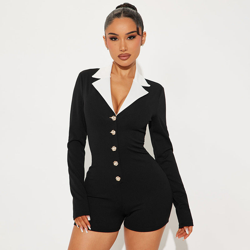 Rose metal button lapel long sleeved tight shorts jumpsuit