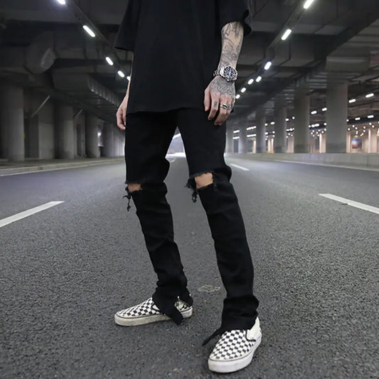 High Street Style Slim Fit Button Design Ripped Jeans