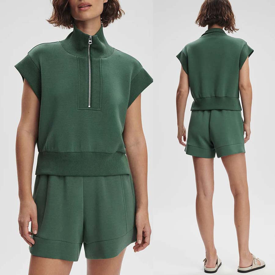Casual Loose Two-Piece Set for Women - Short Sleeve Hoodie with Zipper Pockets and INS Style
