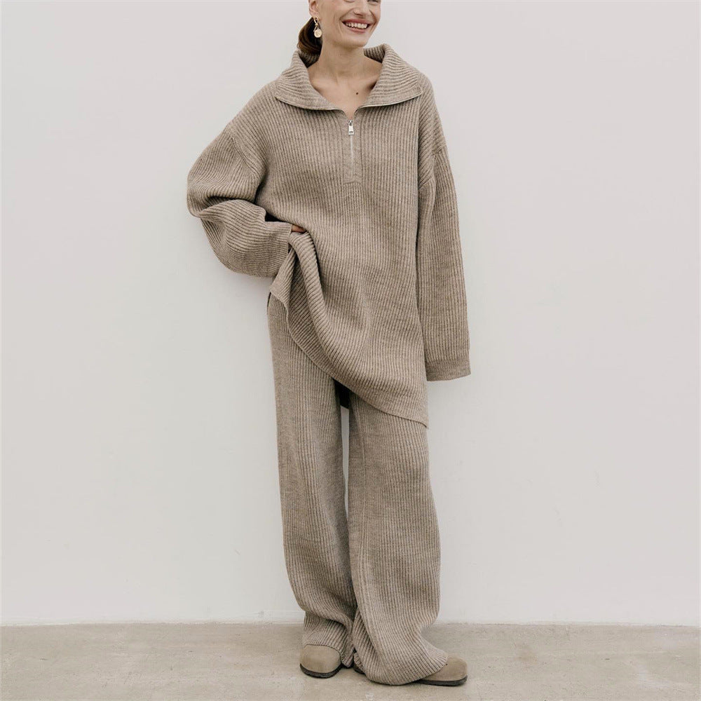 Women's Autumn and Winter Half-Zip Sweater Knit Straight Leg Long Pants Two-Piece Set