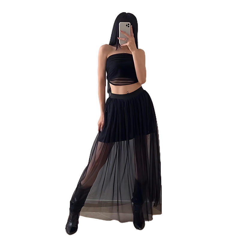Solid color waist strapless top high waisted mesh skirt set for women
