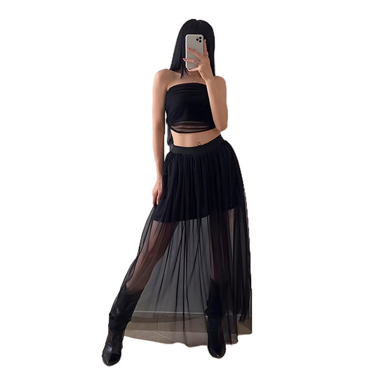 Solid color waist strapless top high waisted mesh skirt set for women