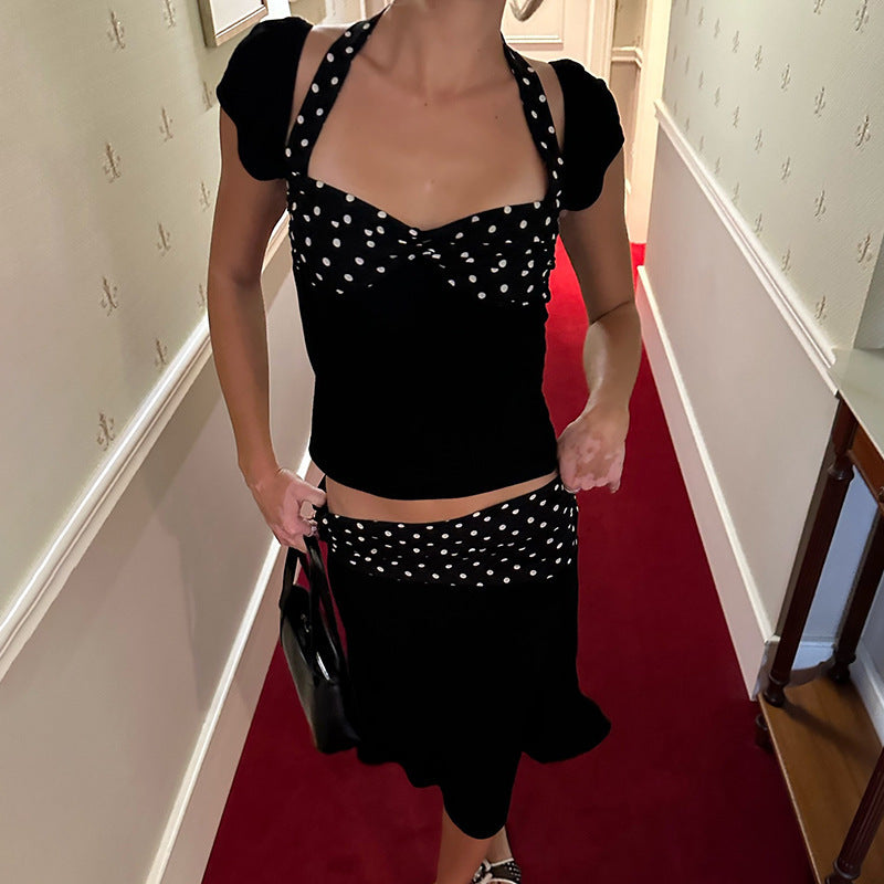 Sexy Fitted Printed Spliced Halter Top and Dress 2-Piece Set