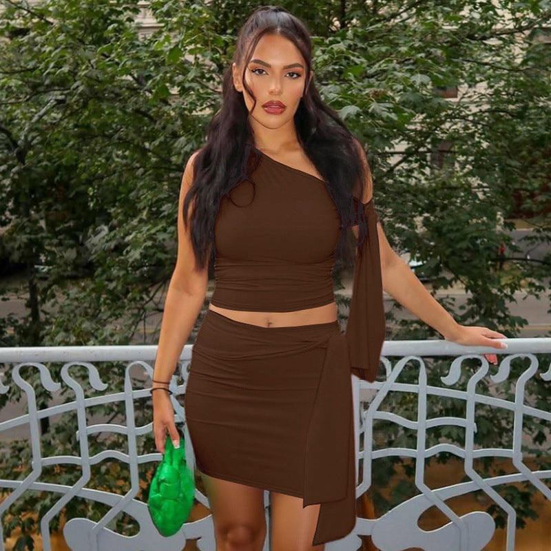 Women's Oblique Collar Tied Top with Fitted Pleated Skirt Set