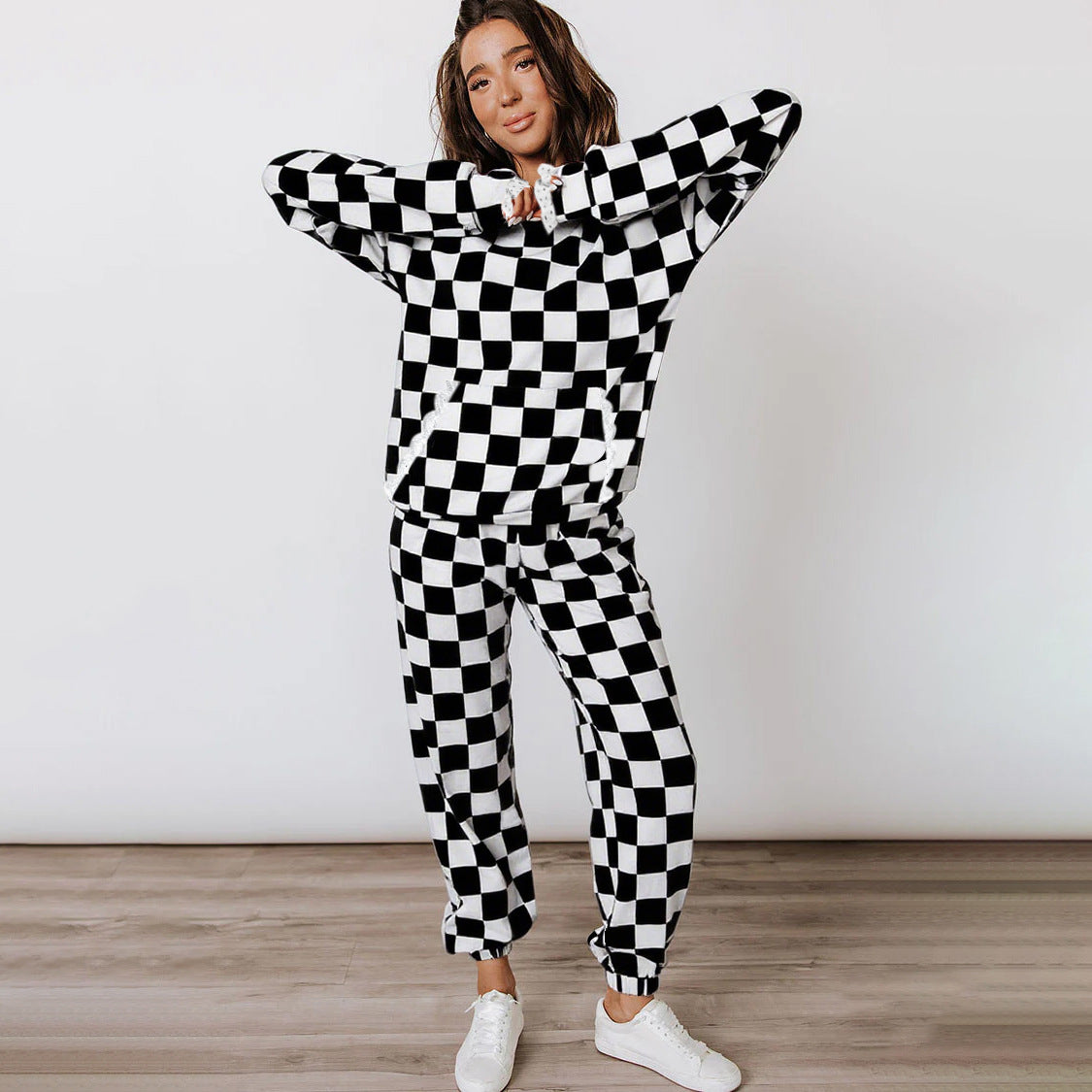 Print Hooded Sweatshirt and Cuffed Long Pants Comfortable Two-Piece Set