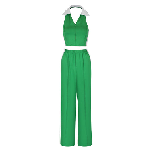 Sexy Backless Halter Top and Loose Long Pants Set