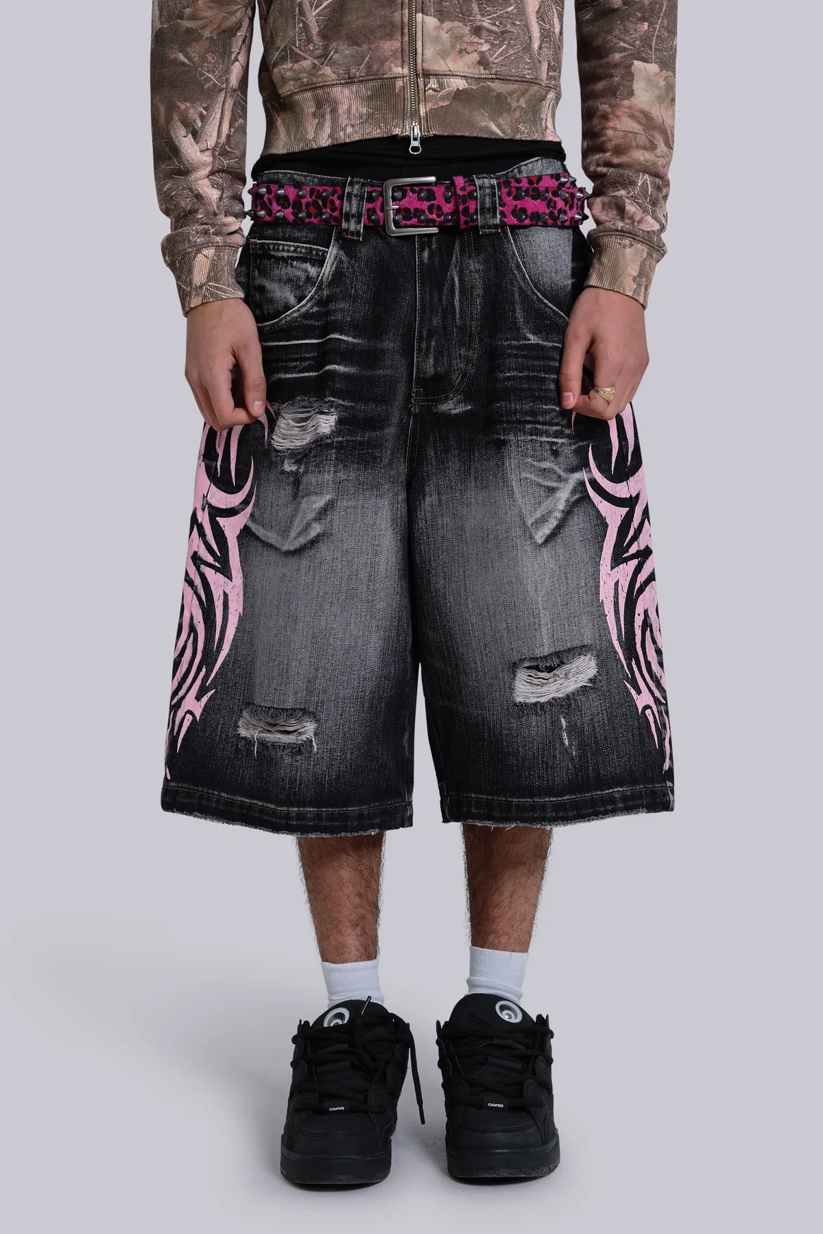 High Street Denim Shorts Jaded Same Style Totem Print Ripped Wide Leg Pants Loose Three-Quarter Pants Trendy