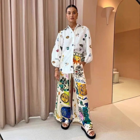Women's Clothing Unique Graffiti Lantern Sleeve Cardigan Casual Fashion Printed Shirt + Long