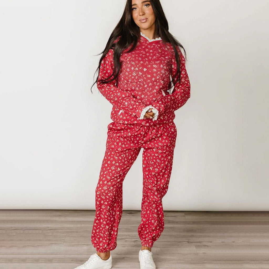 Print Hooded Sweatshirt and Cuffed Long Pants Comfortable Two-Piece Set