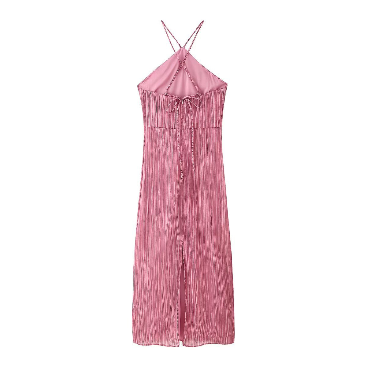 Hanging neck backless textured pink dress for women