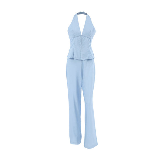 Commuter Off-the-Shoulder V-Neck Vest and Long Pants Two-Piece Set Design Cotton Linen Sleeveless Tank Top Suit