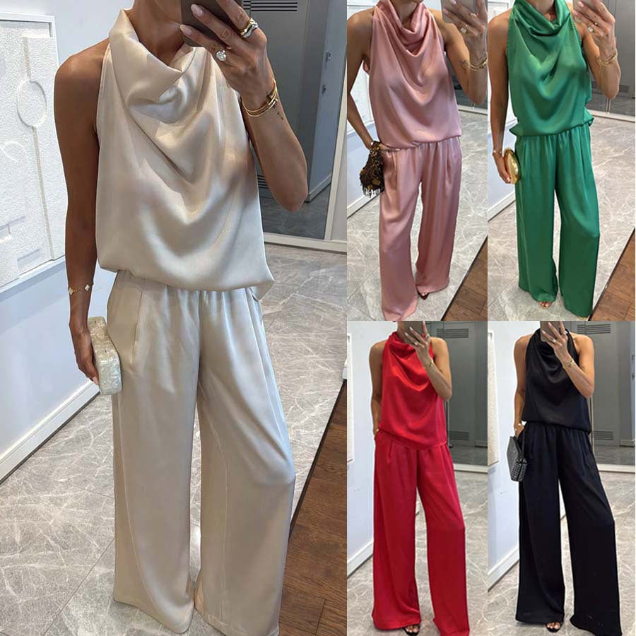Elegant Sleeveless Long Pants Satin Set Women's Loose Two-Piece Suit for Spring and Summer Casual Vacation