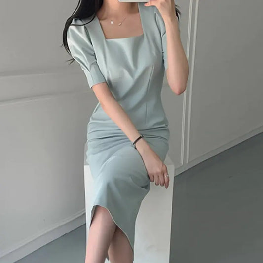 Korean Chic French Style Slim-Fit Midi Dress with Puff Sleeves