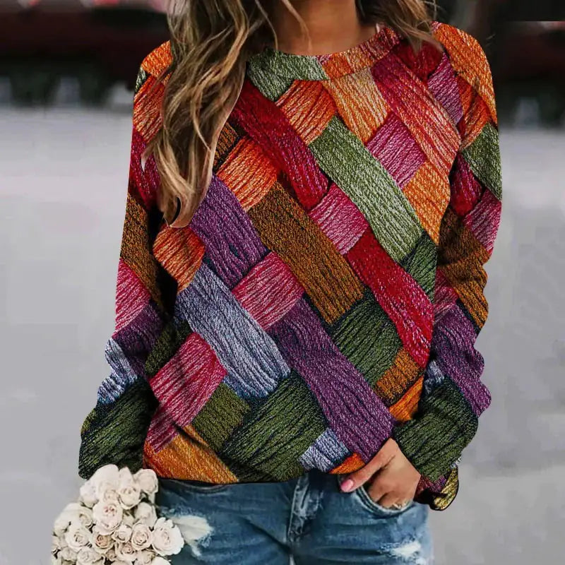 Women's Printed Patchwork Long Sleeve Raglan Sweater