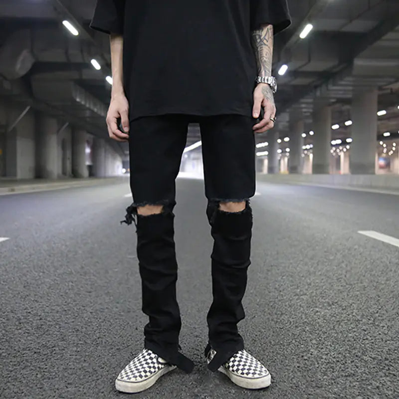 High Street Style Slim Fit Button Design Ripped Jeans