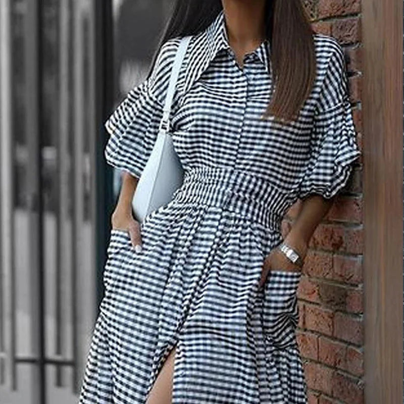 Chic Plaid Print Lantern Sleeve Maxi Dress for Women