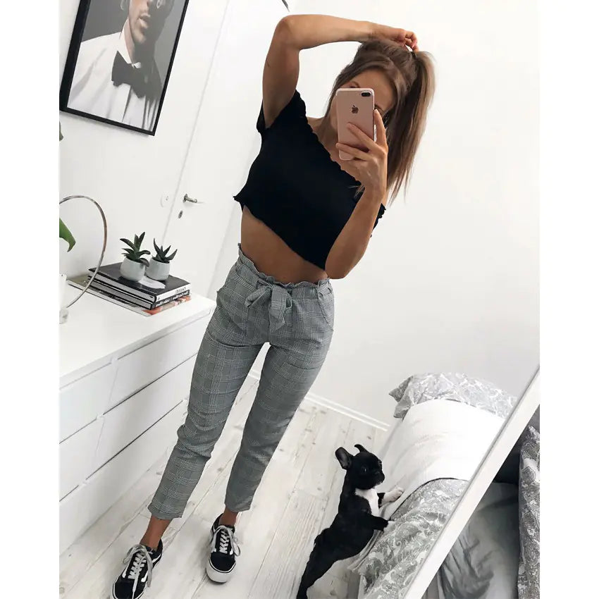 High-Waisted Casual Plaid Pants for Women