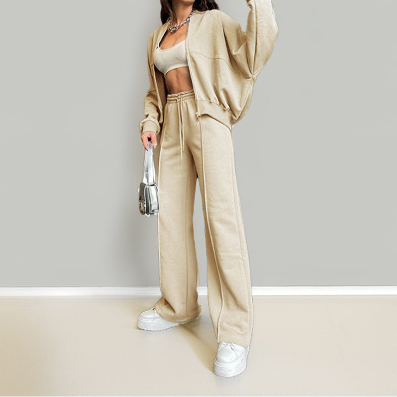 Pure Color Zipper Cardigan Women's  Casual Spring Women's Set