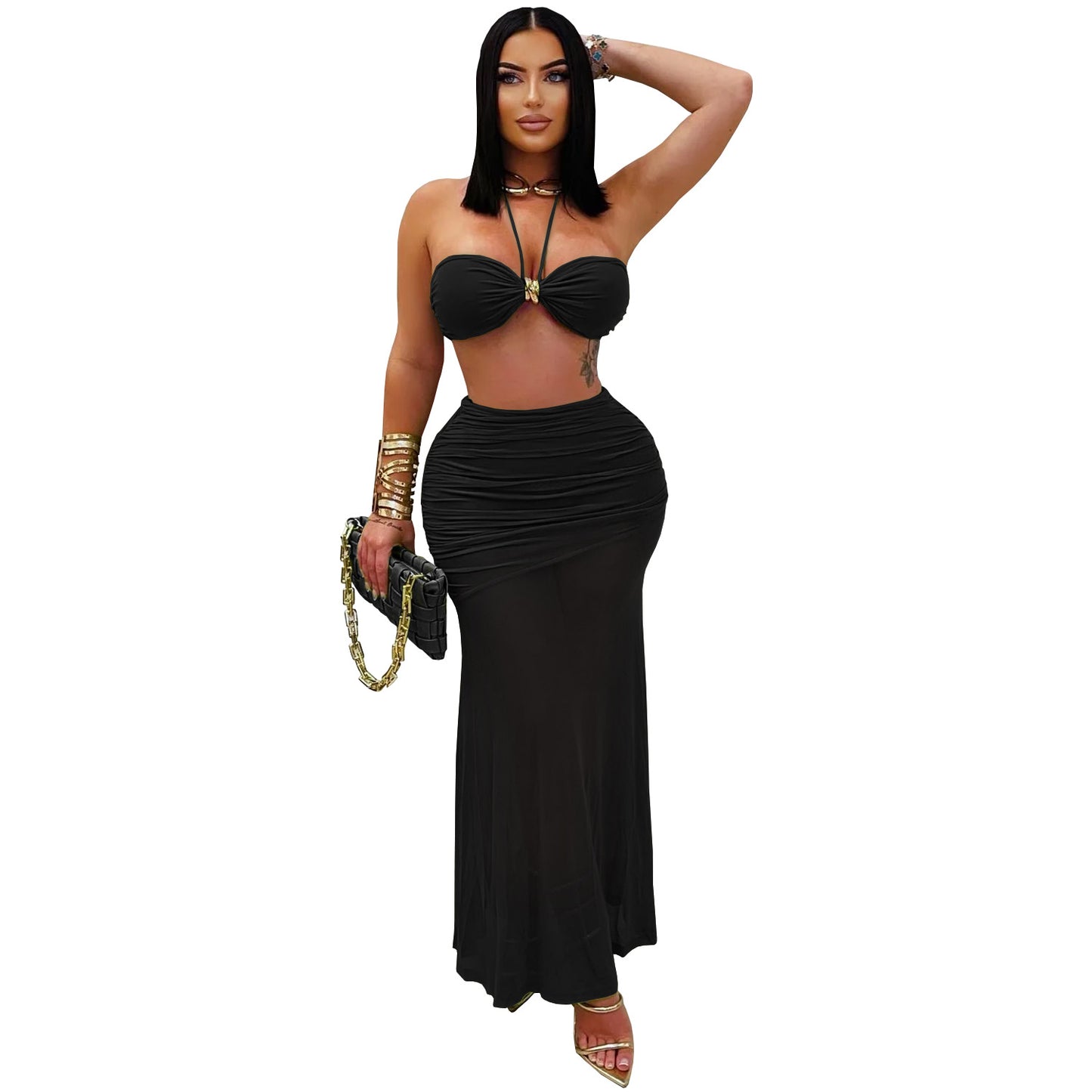 Style Women's Sexy Strapless Pleated Mesh Long Skirt
