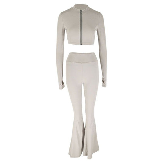Zipper small stand up collar crop top slim fit pants set for women