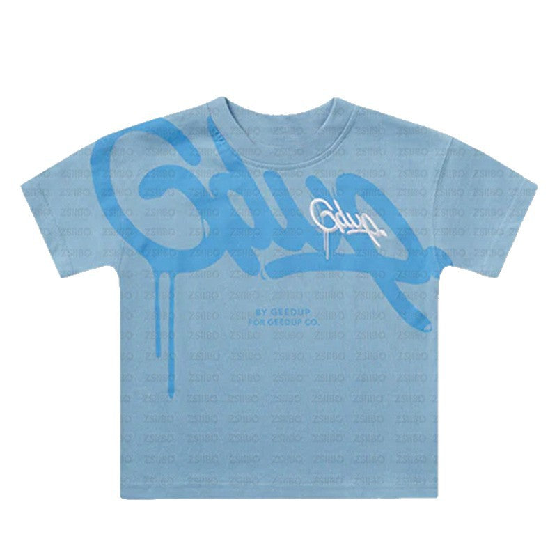 Campus Style Street Fashion Trendy Round Neck Top Hip Hop Letter Pattern Retro Loose Casual Short Sleeve