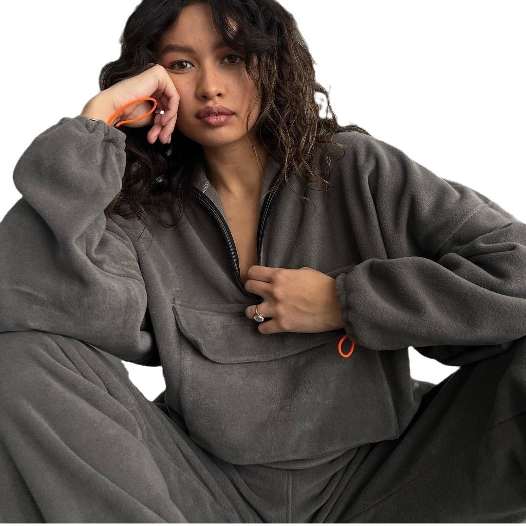 Zip Drawstring Hoodie with Large Pockets and Cuffed Pants Two-Piece Set for Women Trendy