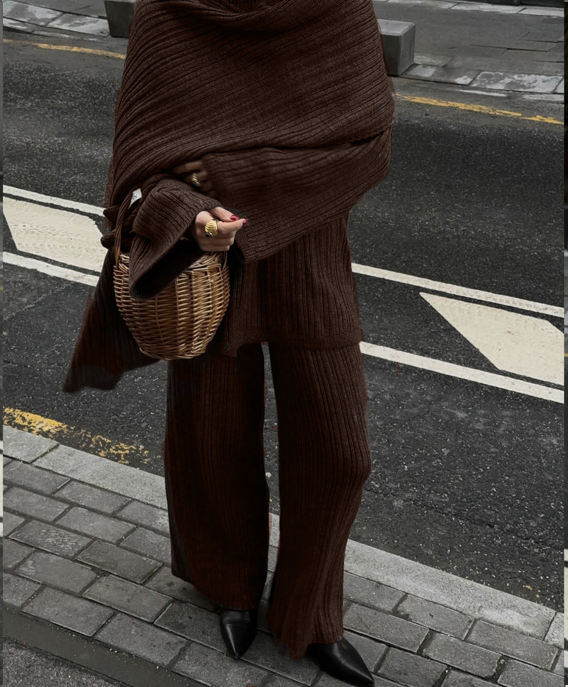 Solid Color Round Neck Cable Knit Sweater Set Women's Loose Knit Sweater Wide Leg Pants Scarf Three-Piece Set
