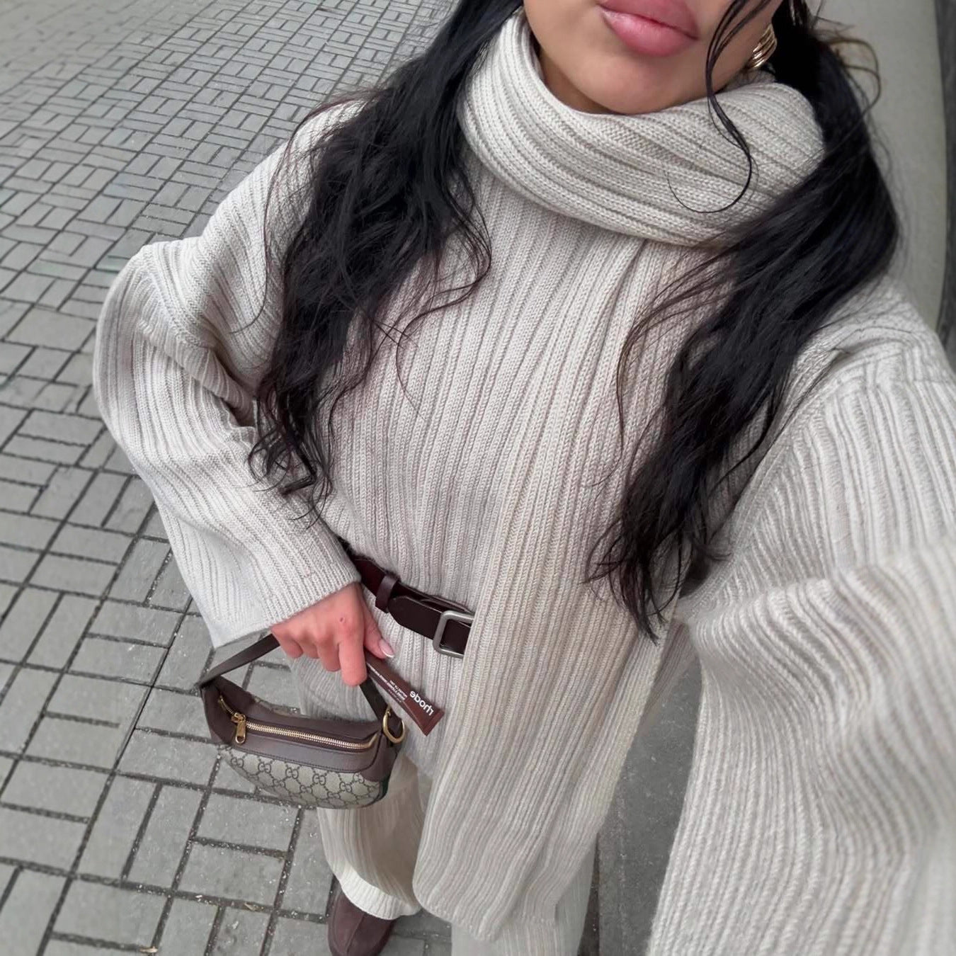 Solid Color Round Neck Cable Knit Sweater Set Women's Loose Knit Sweater Wide Leg Pants Scarf Three-Piece Set