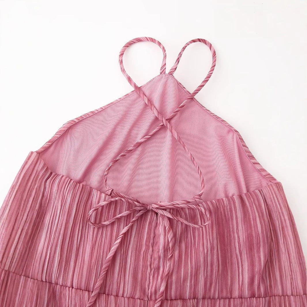 Hanging neck backless textured pink dress for women