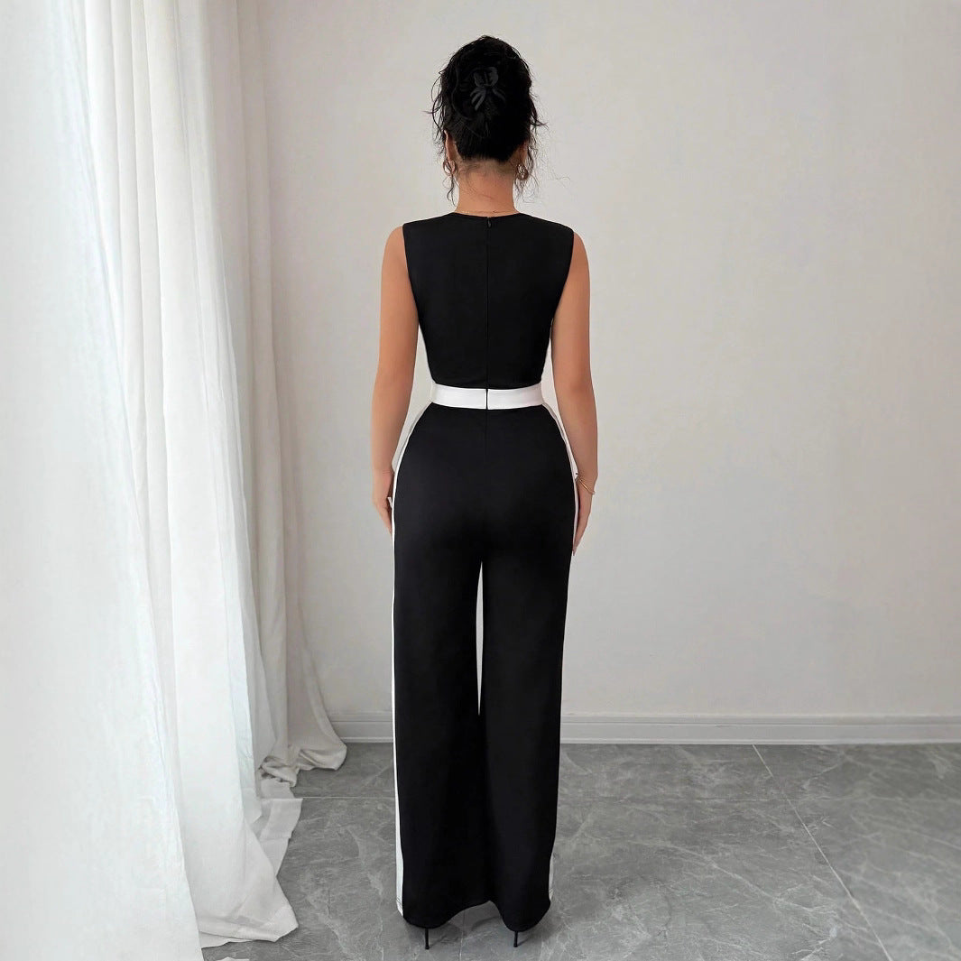 Color blocked sleeveless wide leg jumpsuit