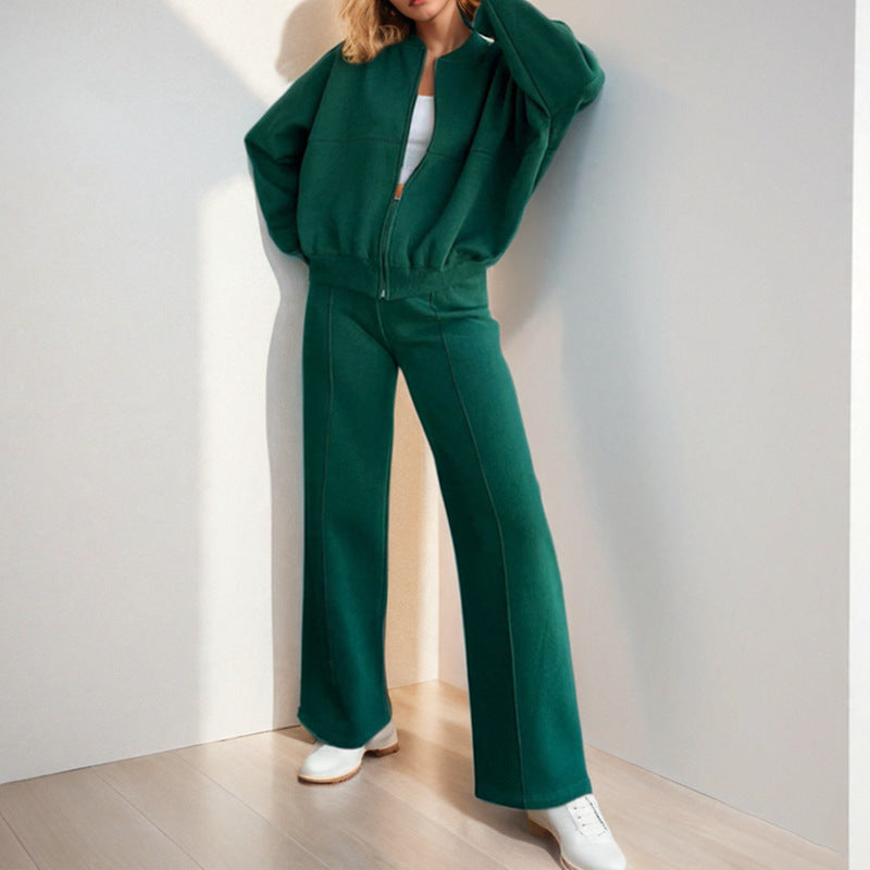 Pure Color Zipper Cardigan Women's  Casual Spring Women's Set