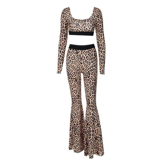 Women's Printed Long Sleeve Flare Trousers Two-Piece Set Fashion Suit