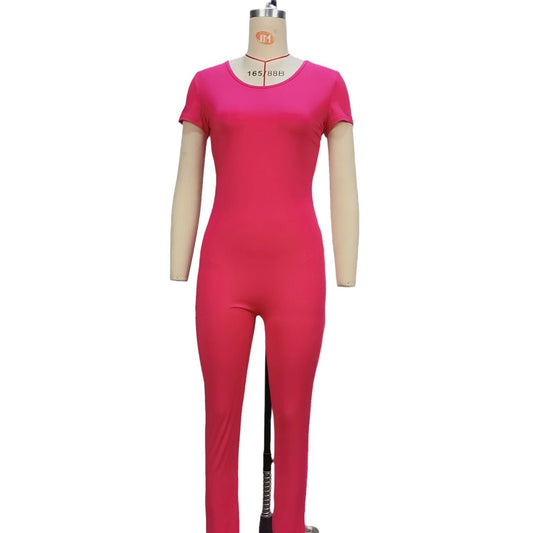 Backless solid color short sleeved jumpsuit