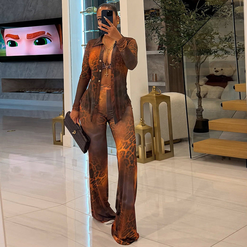 Leopard print mesh collar long sleeved button up cardigan flared pants two-piece set