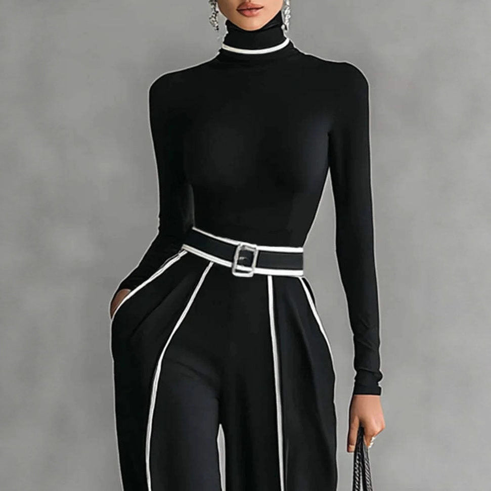 Autumn and Winter New Korean Version Elegant Stand Collar Color Block Binding Waist Slimming Long Sleeve Knitted Dress