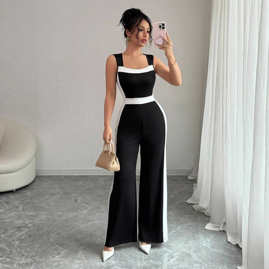 Color blocked sleeveless wide leg jumpsuit