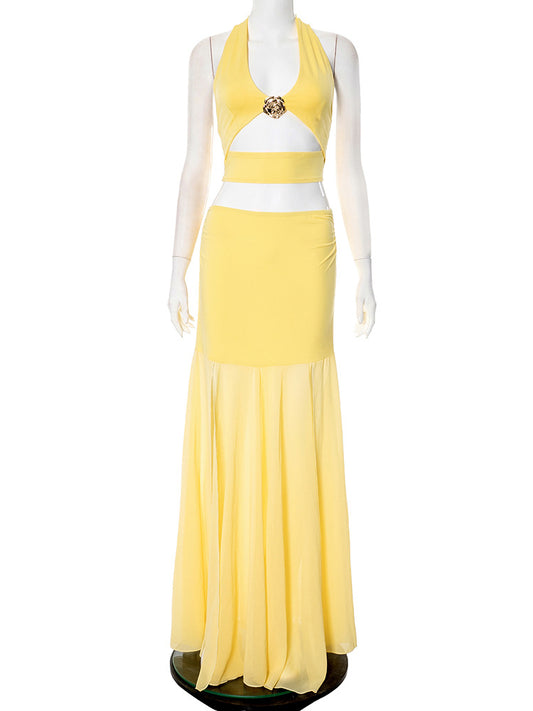 Hanging neck strap hollow top patchwork chiffon half skirt set
